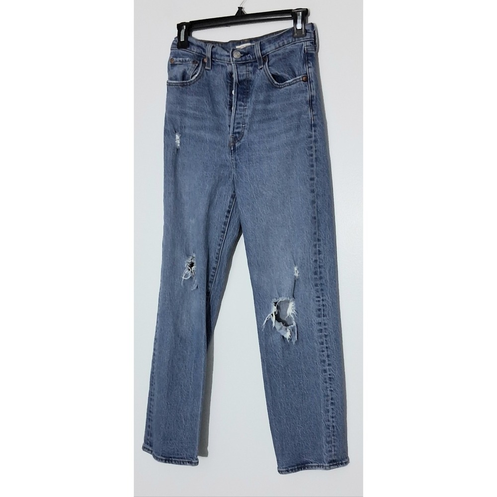 Levi's Ribcage Straight Ankle Jeans Size 26 Blue High Rise Button Fly Distressed
